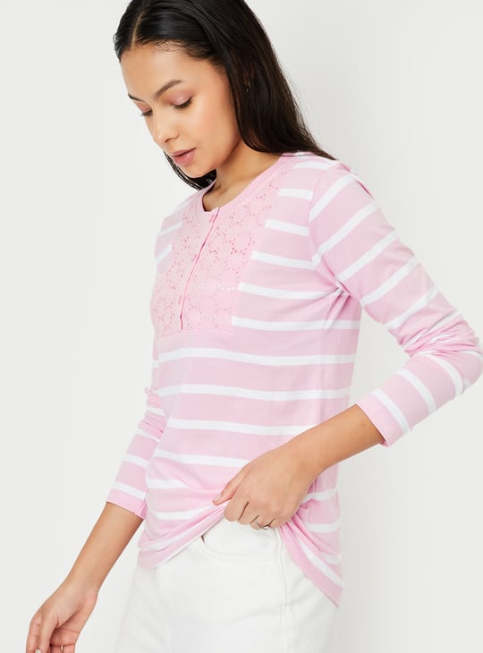 Women Striped Henley T-shirt