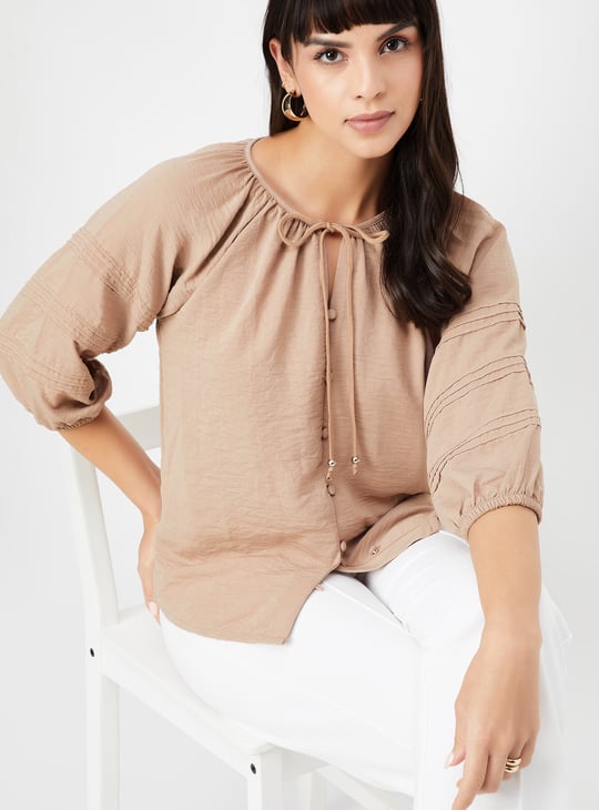 Women Hammered Texture Tie-Up Neck Blouse