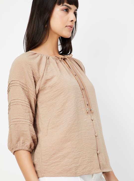 Women Hammered Texture Tie-Up Neck Blouse
