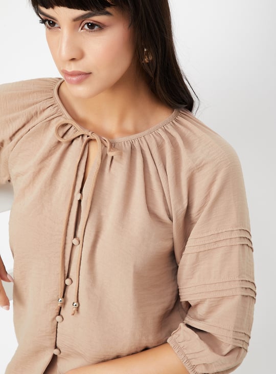 Women Hammered Texture Tie-Up Neck Blouse
