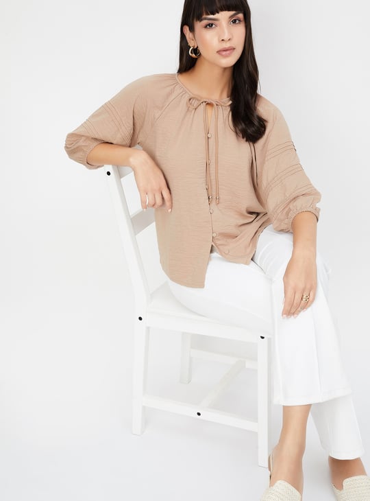 Women Hammered Texture Tie-Up Neck Blouse