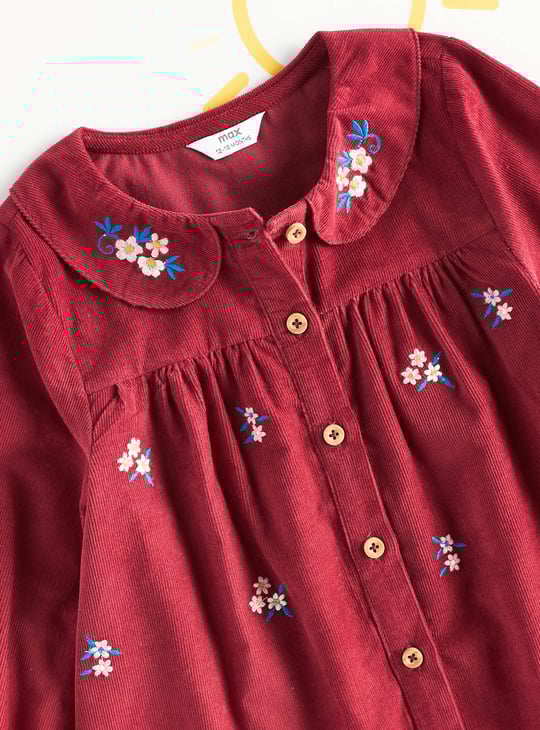 Girls Floral Embroidered Corduroy Dress