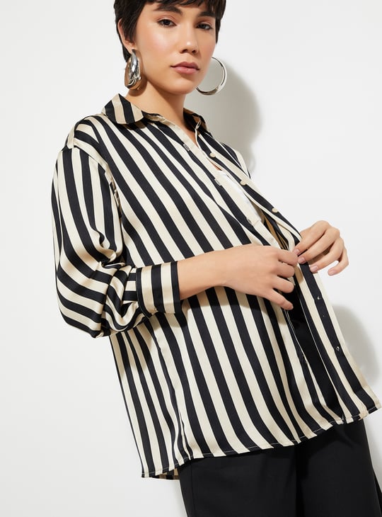 URB_N Women Oversized Striped Satin Shirt | Black | Striped