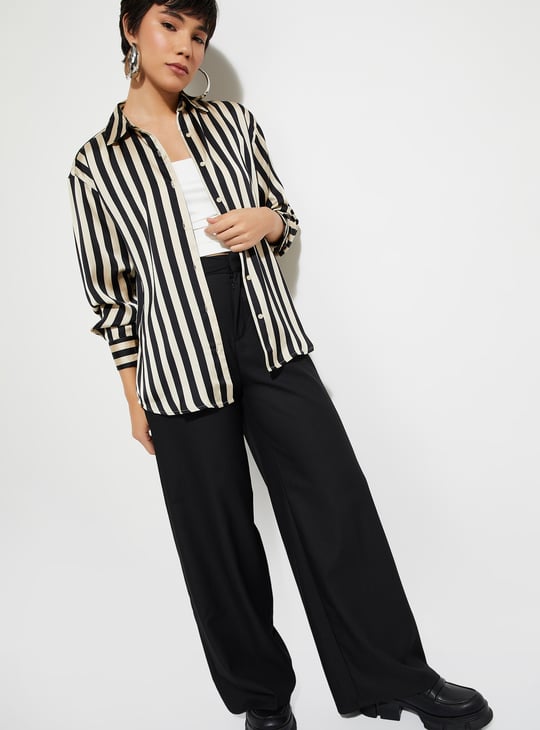 URB_N Women Oversized Striped Satin Shirt