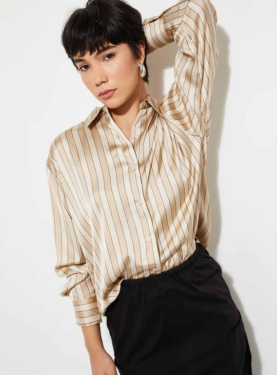 URB_N Women Oversized Striped Satin Shirt