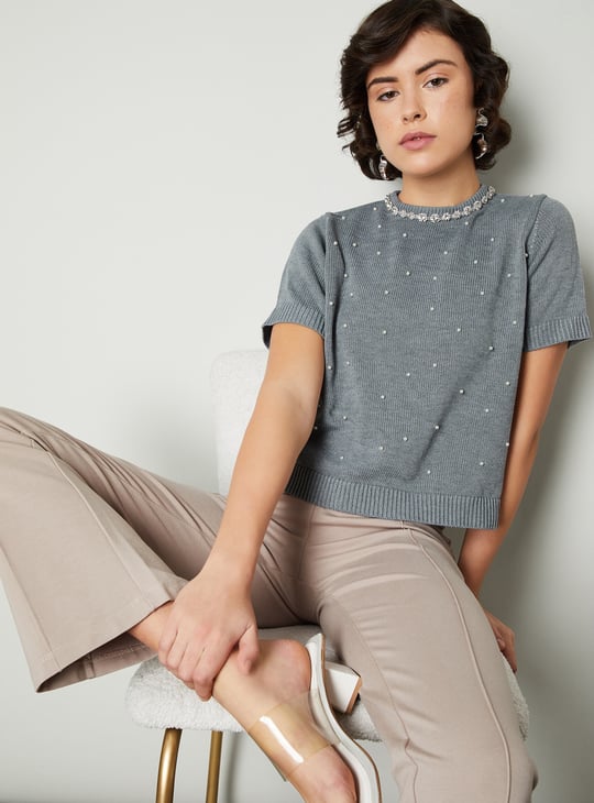 Women Pearl Studded Half Sleeve Sweater