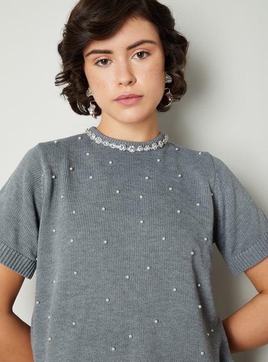 Women Pearl Studded Half Sleeve Sweater