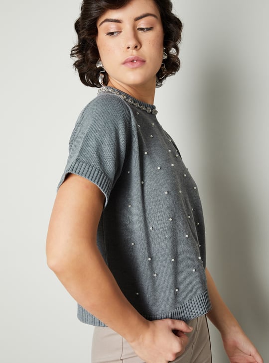 Women Pearl Studded Half Sleeve Sweater