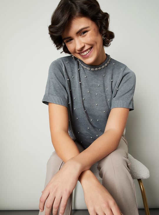 Women Pearl Studded Half Sleeve Sweater