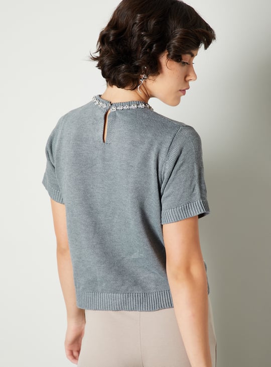 Women Pearl Studded Half Sleeve Sweater