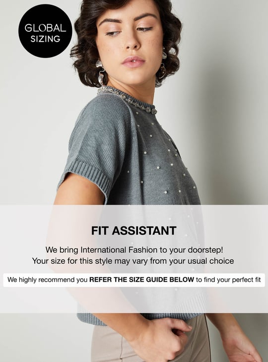 Women Pearl Studded Half Sleeve Sweater