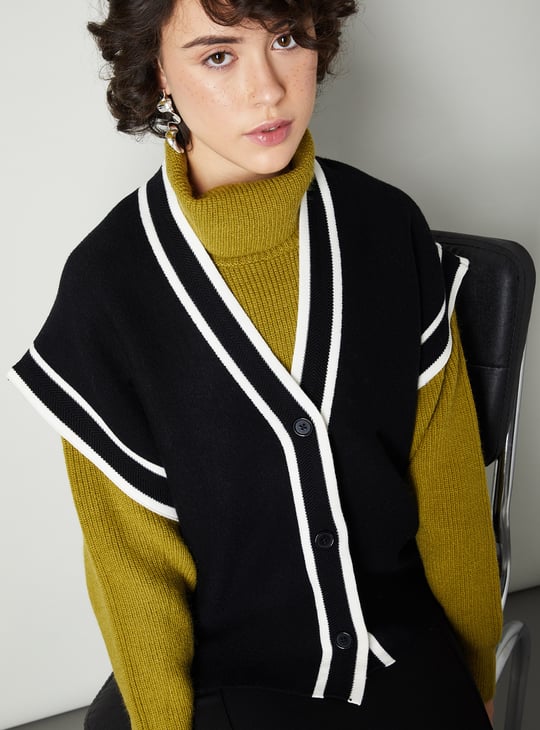 Women Contrast Trim Extended Sleeve Cardigan