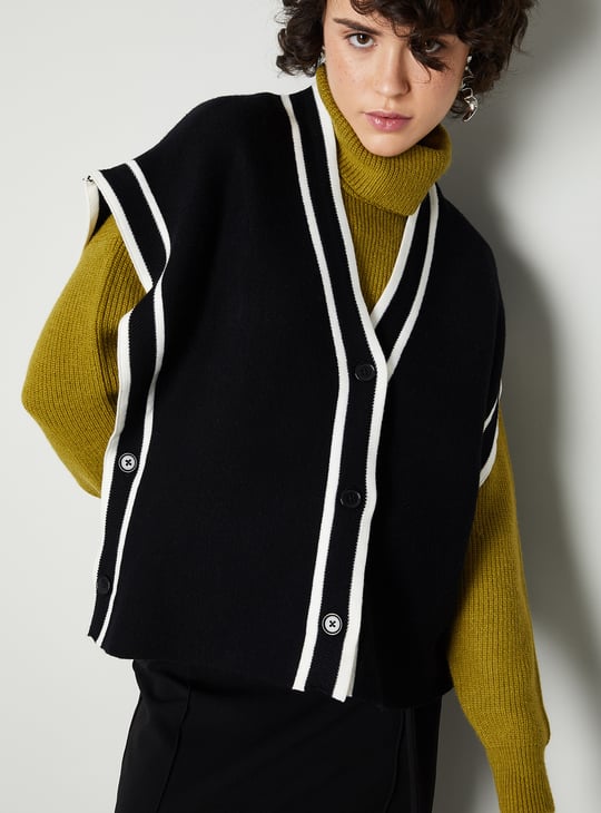 Women Contrast Trim Extended Sleeve Cardigan