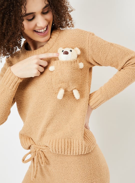Women Teddy Applique Fuzzy Pyjama Set