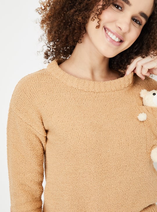 Women Teddy Applique Fuzzy Pyjama Set