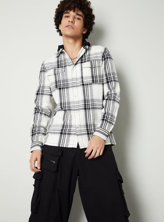Men Plaid Relaxed Fit Shirt with Hood Checked