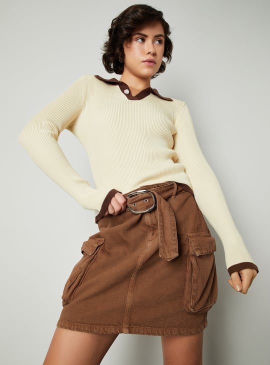 Women Rib Knit Polo Sweater