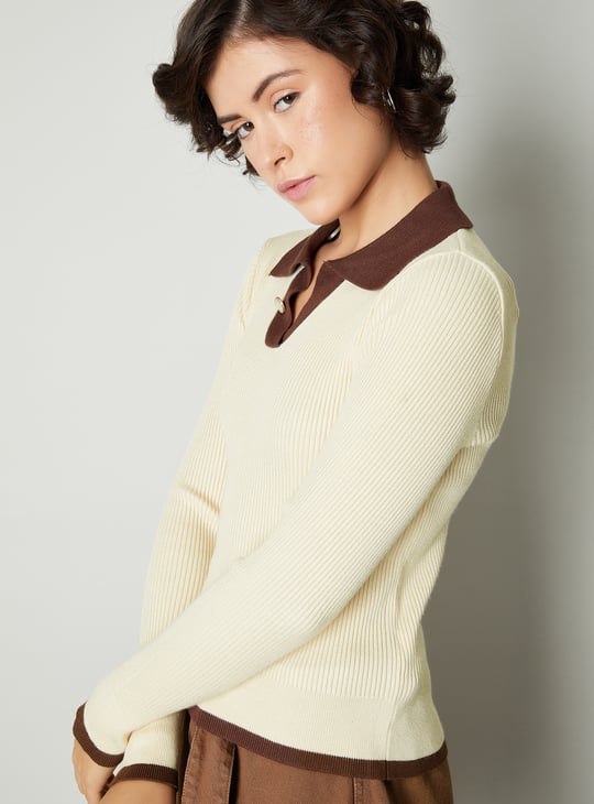 Women Rib Knit Polo Sweater