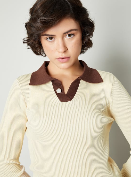 Women Rib Knit Polo Sweater