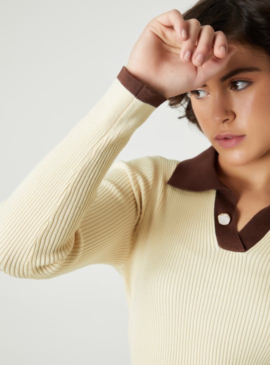 Women Rib Knit Polo Sweater