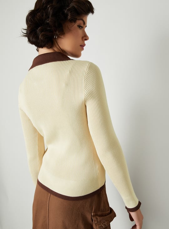 Women Rib Knit Polo Sweater