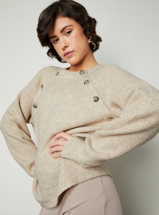Women Button Detailed Raglan Sleeve Sweater