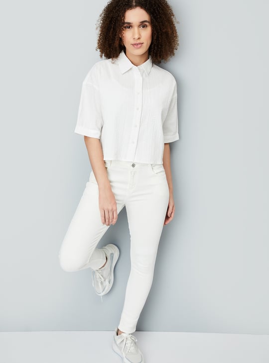 Women Seersucker Cropped Shirt
