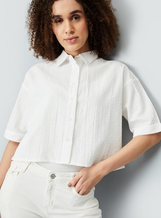 Women Seersucker Cropped Shirt