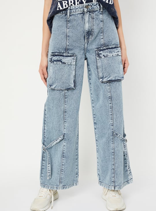 Women Washed Wide-Leg Cargo Jeans