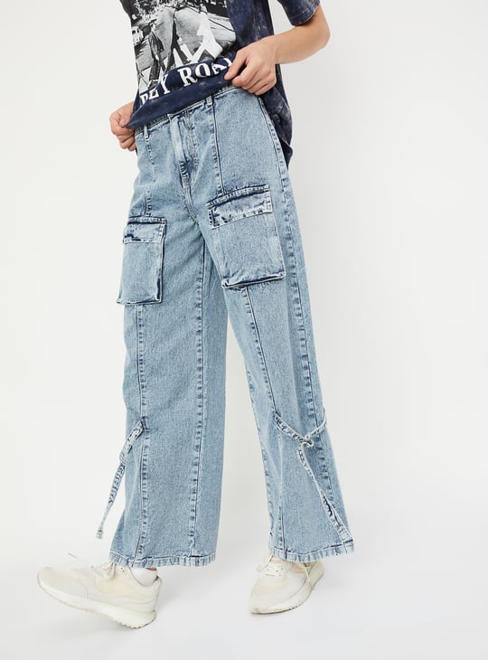 Women Washed Wide-Leg Cargo Jeans