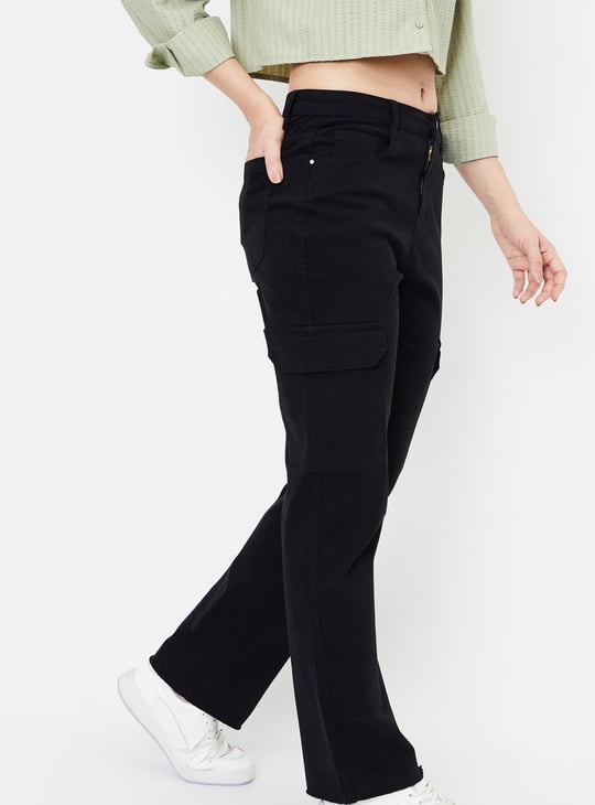 Women Solid Cargo Jeans Black