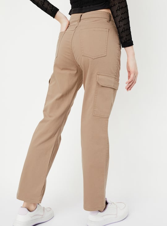 Women Solid Cargo Jeans Brown