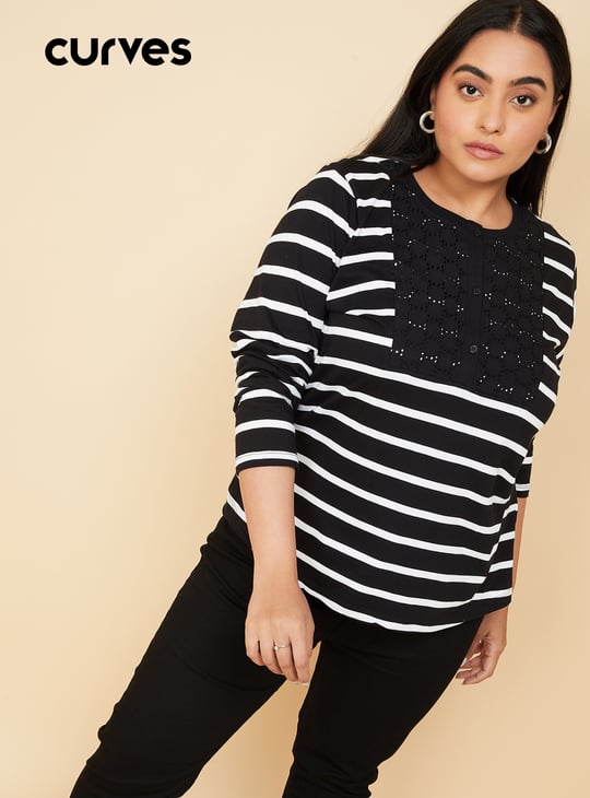 Women Striped Henley T-shirt