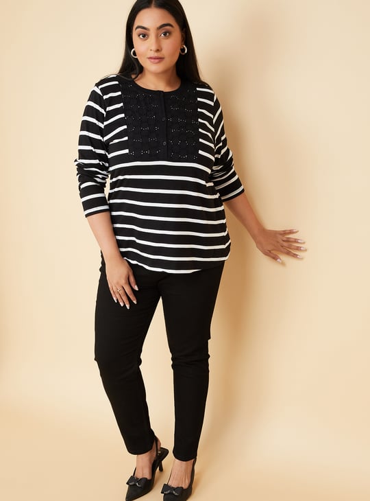 Women Striped Henley T-shirt
