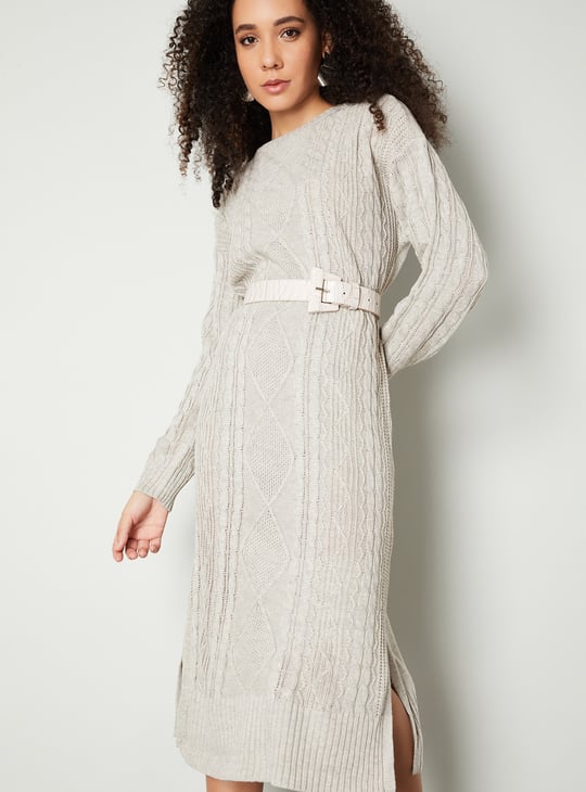 Women Cable Knit Belted Midi Dress