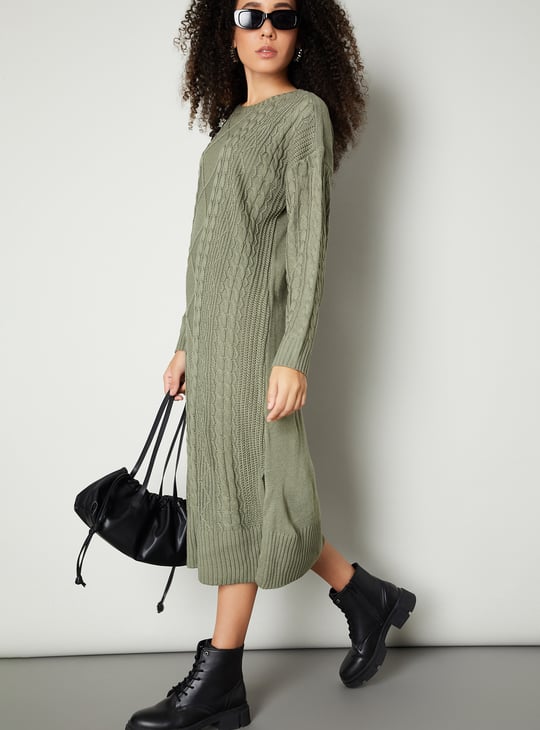 Women Cable Knit Belted Midi Dress