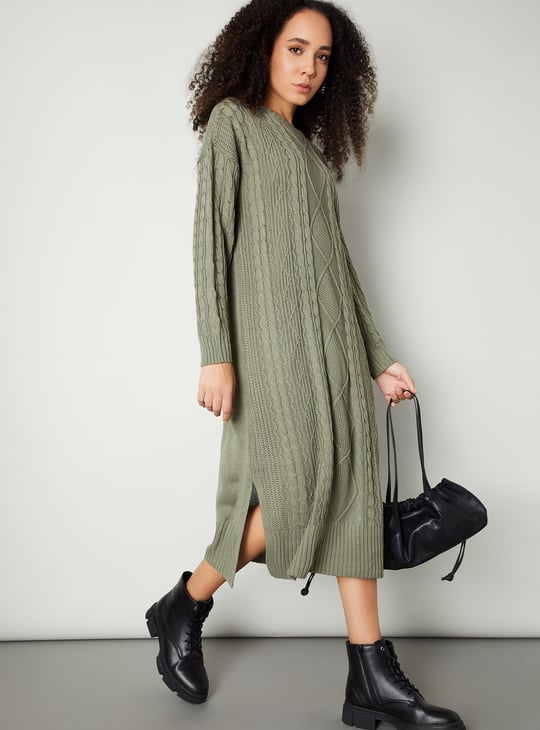 Women Cable Knit Belted Midi Dress
