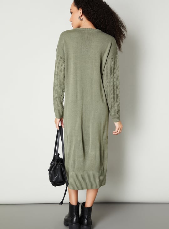 Women Cable Knit Belted Midi Dress