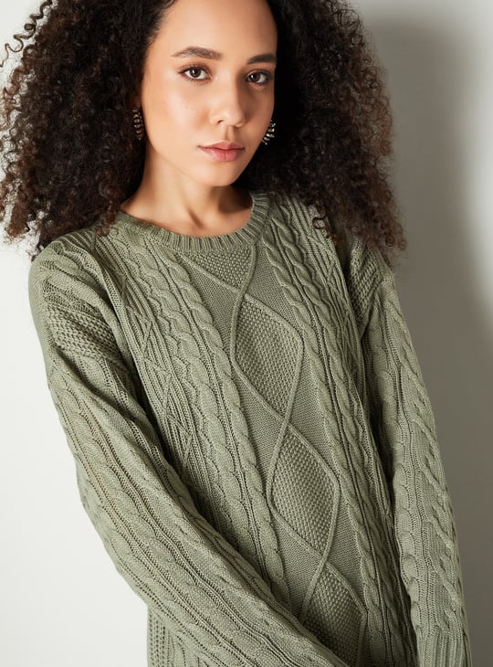 Women Cable Knit Belted Midi Dress