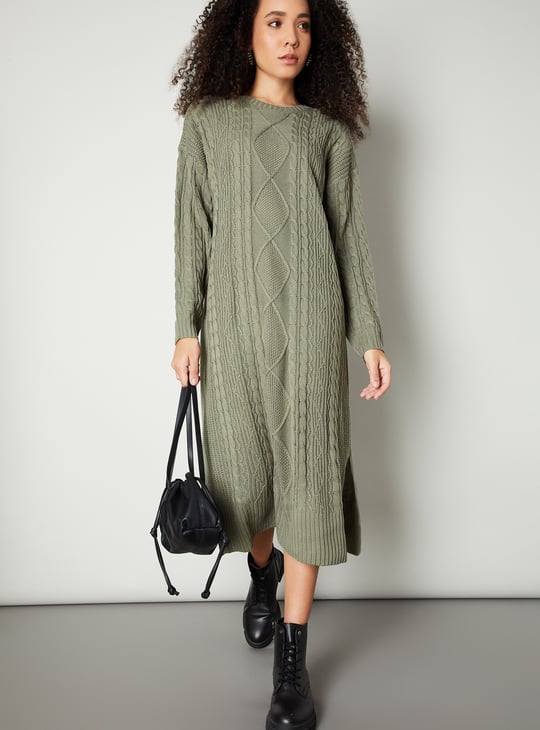 Women Cable Knit Belted Midi Dress