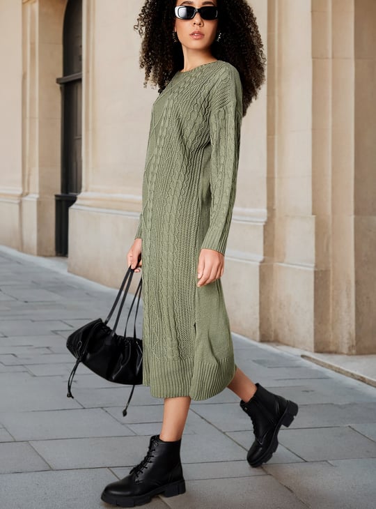 Women Cable Knit Belted Midi Dress