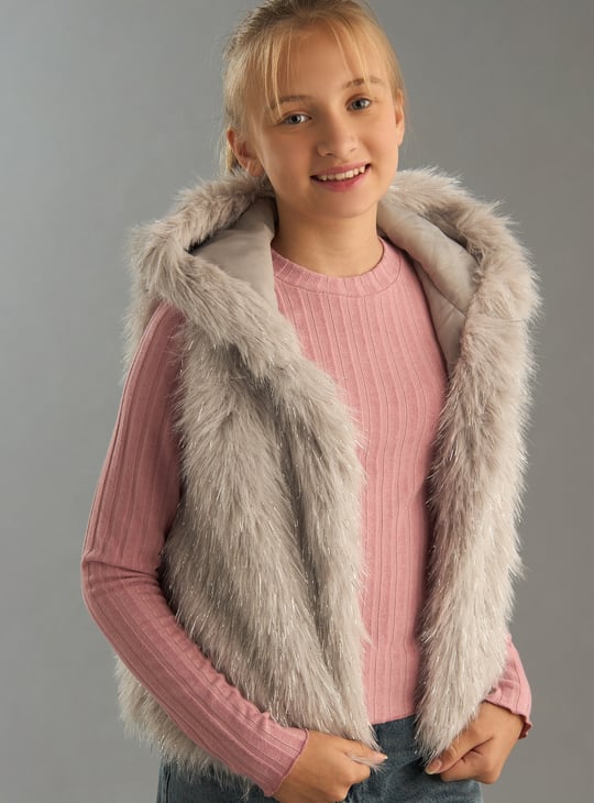 Girls Faux Fur Sleeveless Hooded Jacket