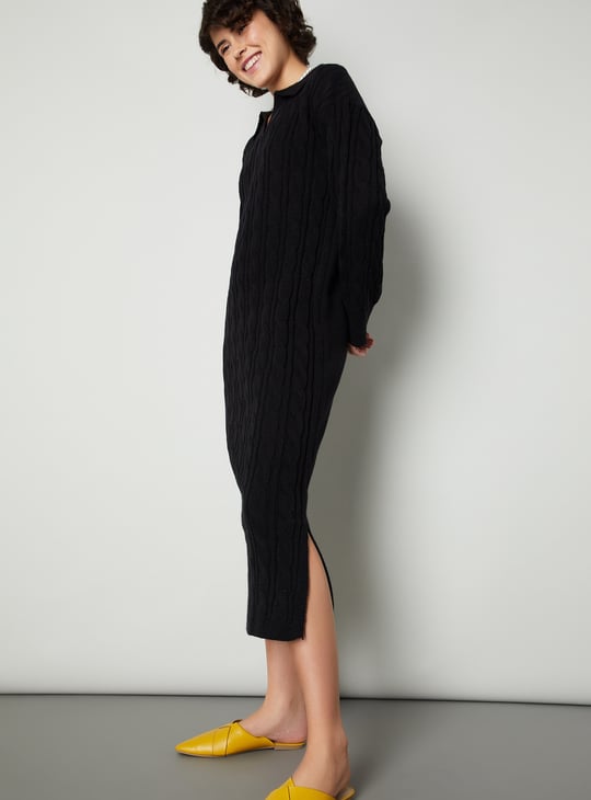 Women Cable Knit Polo Sweater Dress