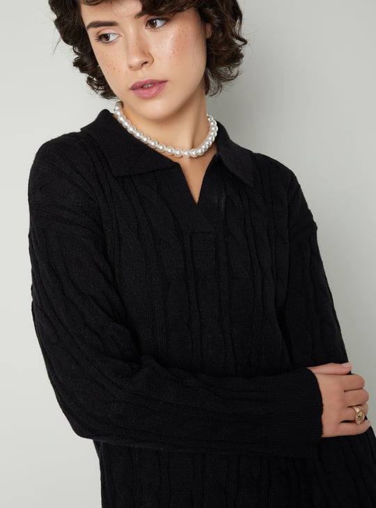Women Cable Knit Polo Sweater Dress