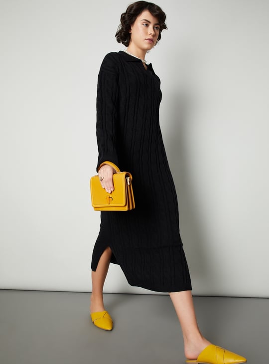 Women Cable Knit Polo Sweater Dress