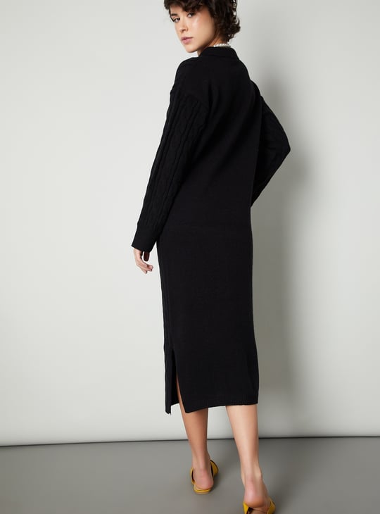 Women Cable Knit Polo Sweater Dress
