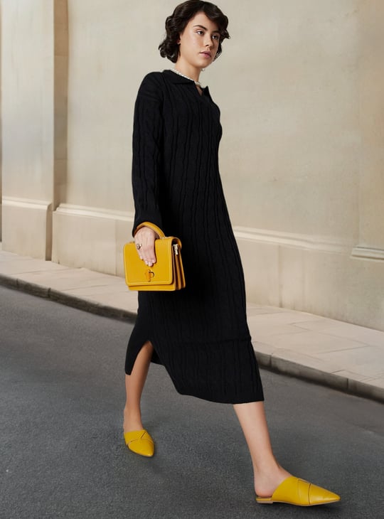 Women Cable Knit Polo Sweater Dress