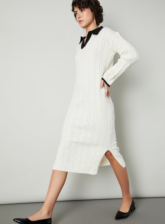 Women Cable Knit Polo Sweater Dress