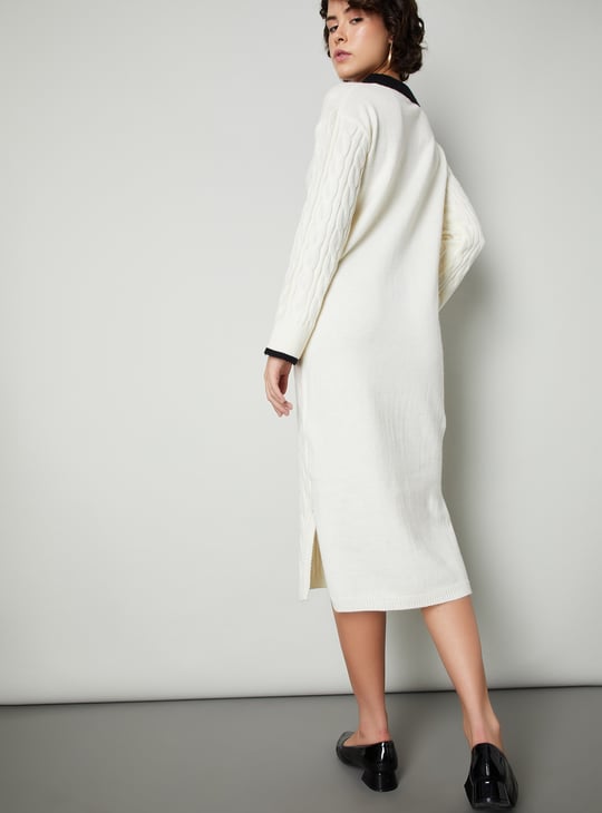 Women Cable Knit Polo Sweater Dress