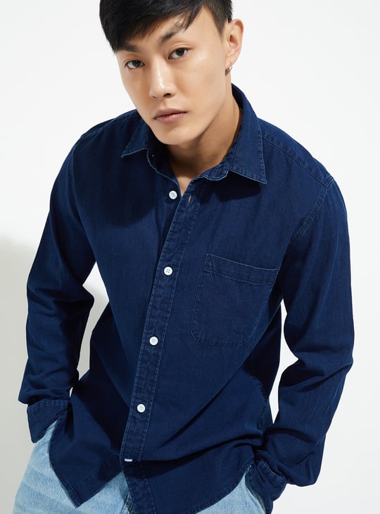 URB_N Men Solid Regular Fit Denim Shirt Blue Solid